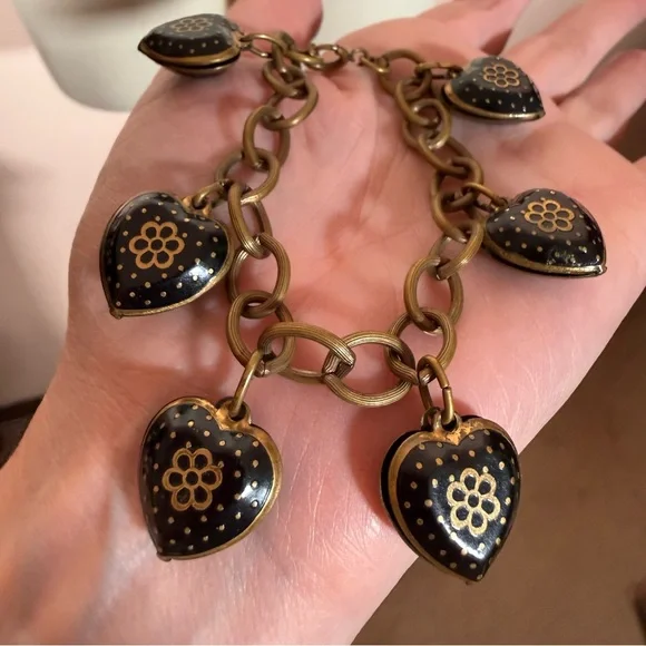 Antique Victorian revival art deco Brass Black enamel Heart Charm bracelet - Picture 5 of 17